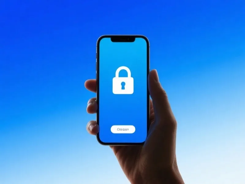 蓝色渐变背景下，一只手持智能手机，屏幕显示安全锁标志，象征用户数据保护和账号安全